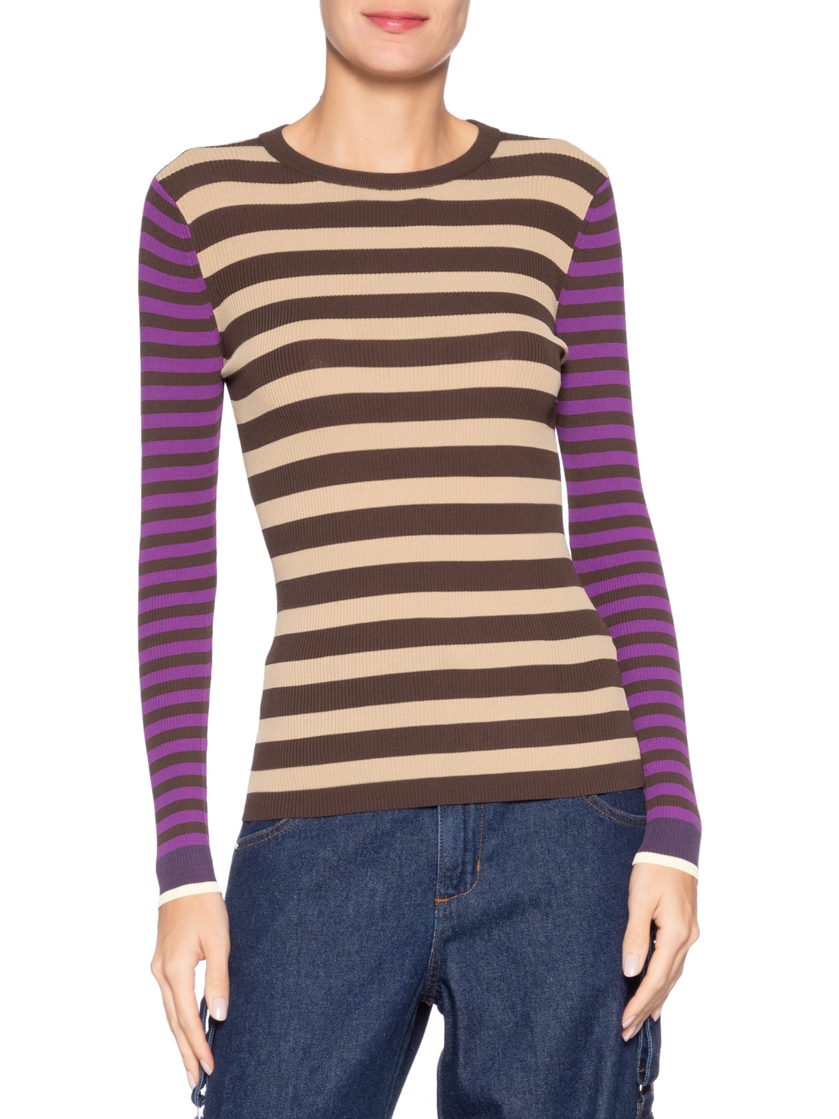 Blusa Feminina Manga Longa Listras Mix Color Marrom Animale