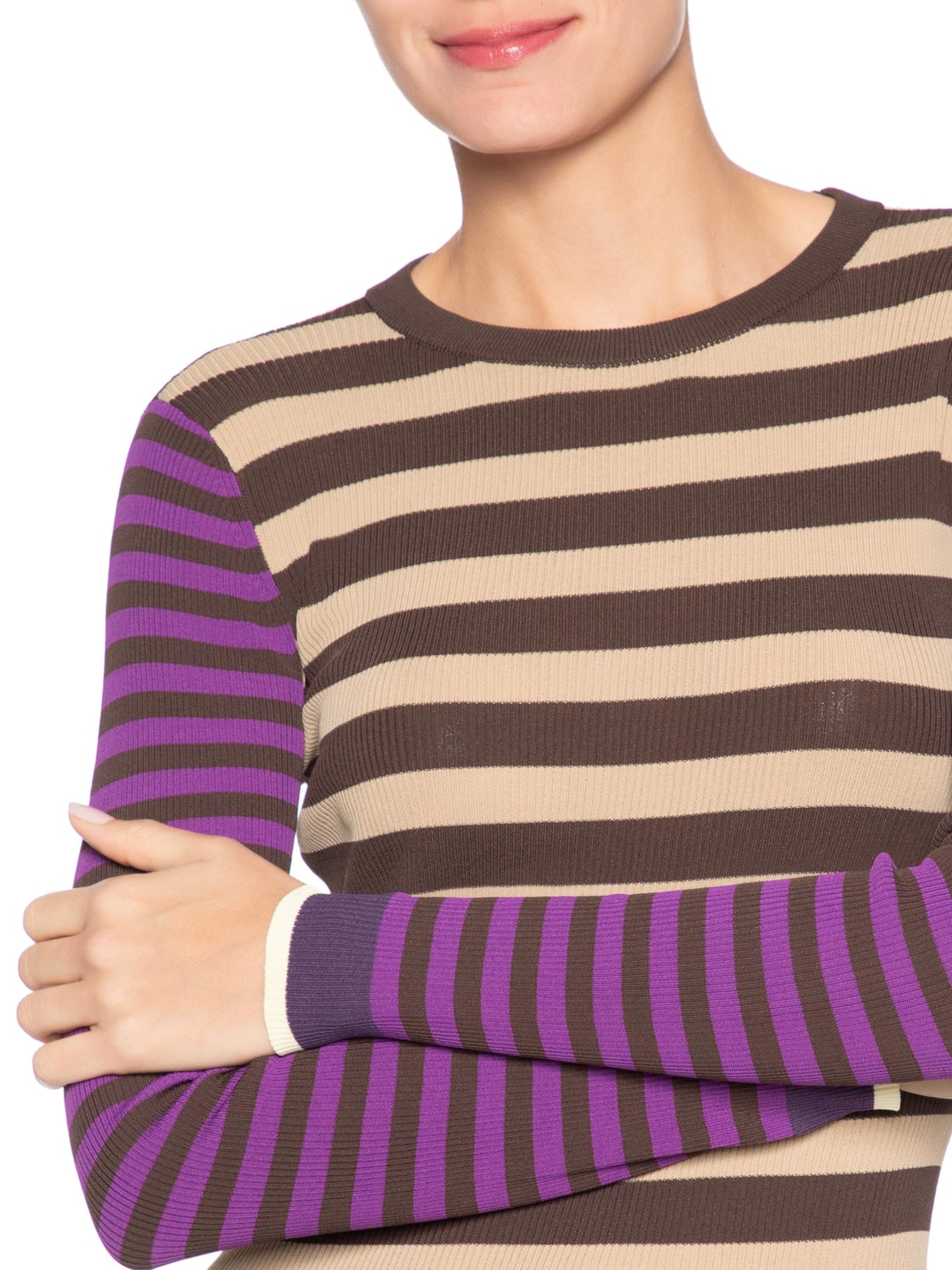 Blusa Feminina Manga Longa Listras Mix Color Marrom Animale