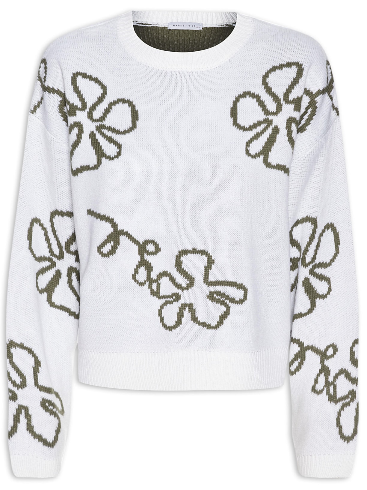 Blusa Feminina Manga Longa Tricot Flores - Off White