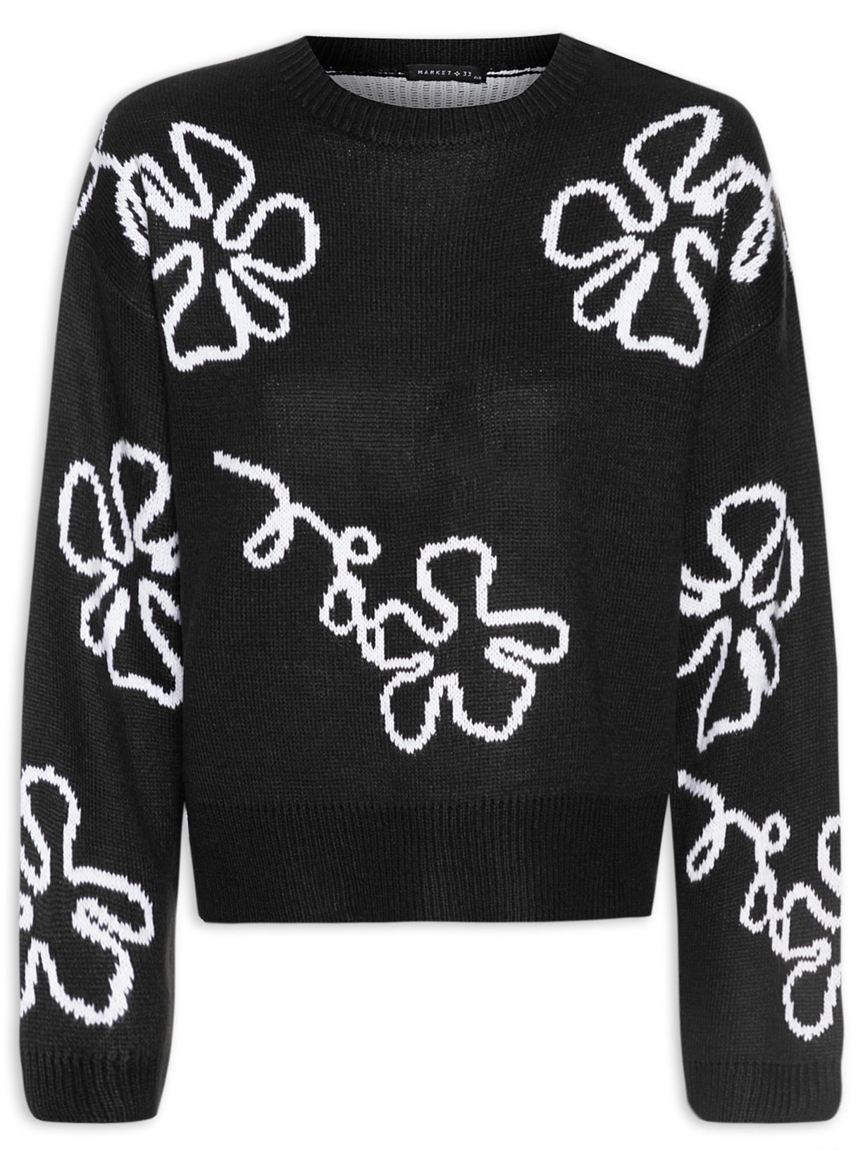 Blusa Feminina Manga Longa Tricot Flores - Preto