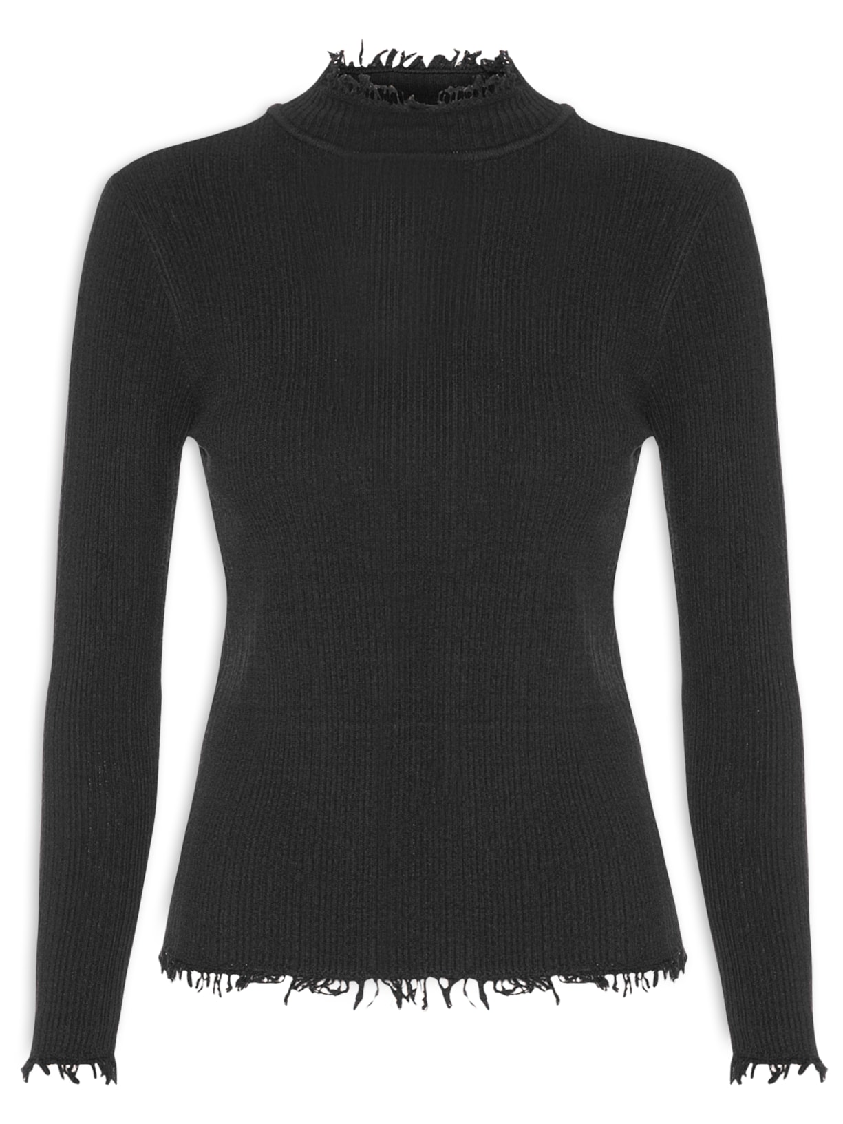 Blusa Feminina Manga Longa Tricot Frayed - Preto