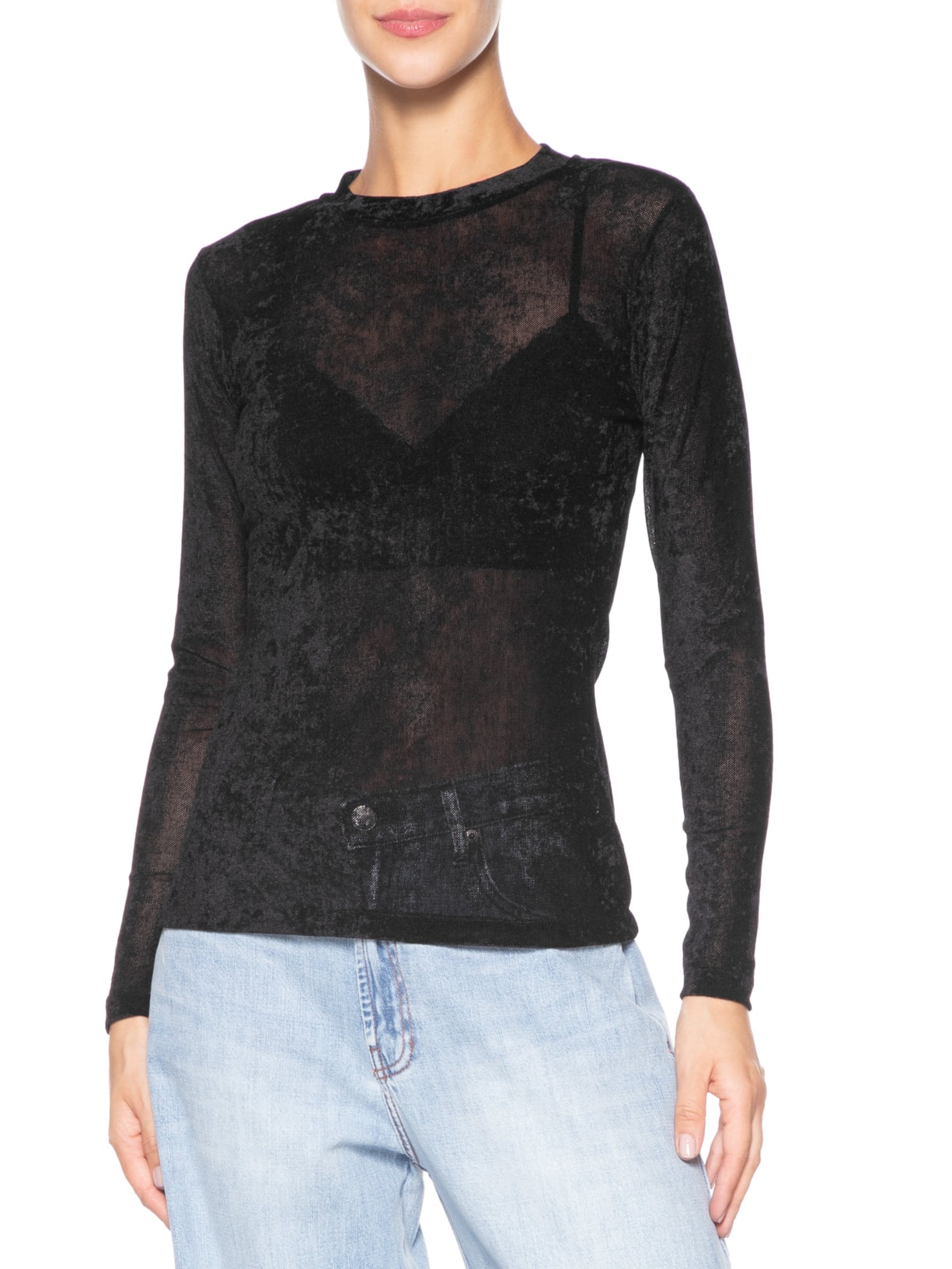 Blusa Feminina Manga Longa Tule De Veludo Preto Maria Filó