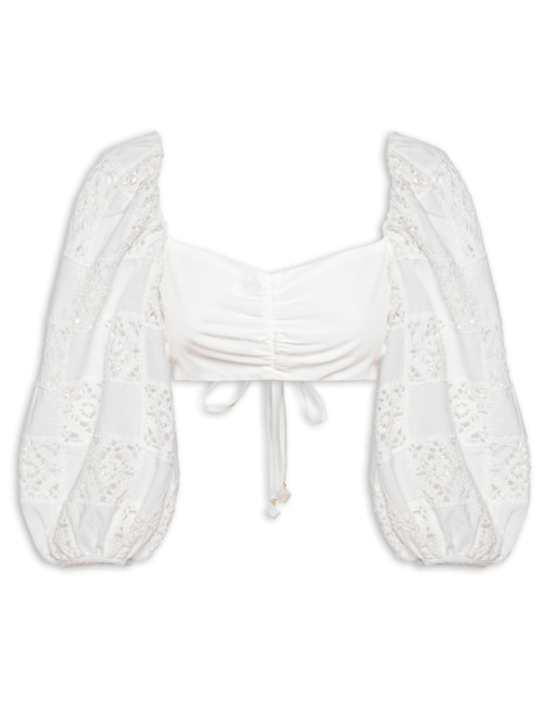 Blusa Feminina Manga Patch Crochet - Branco