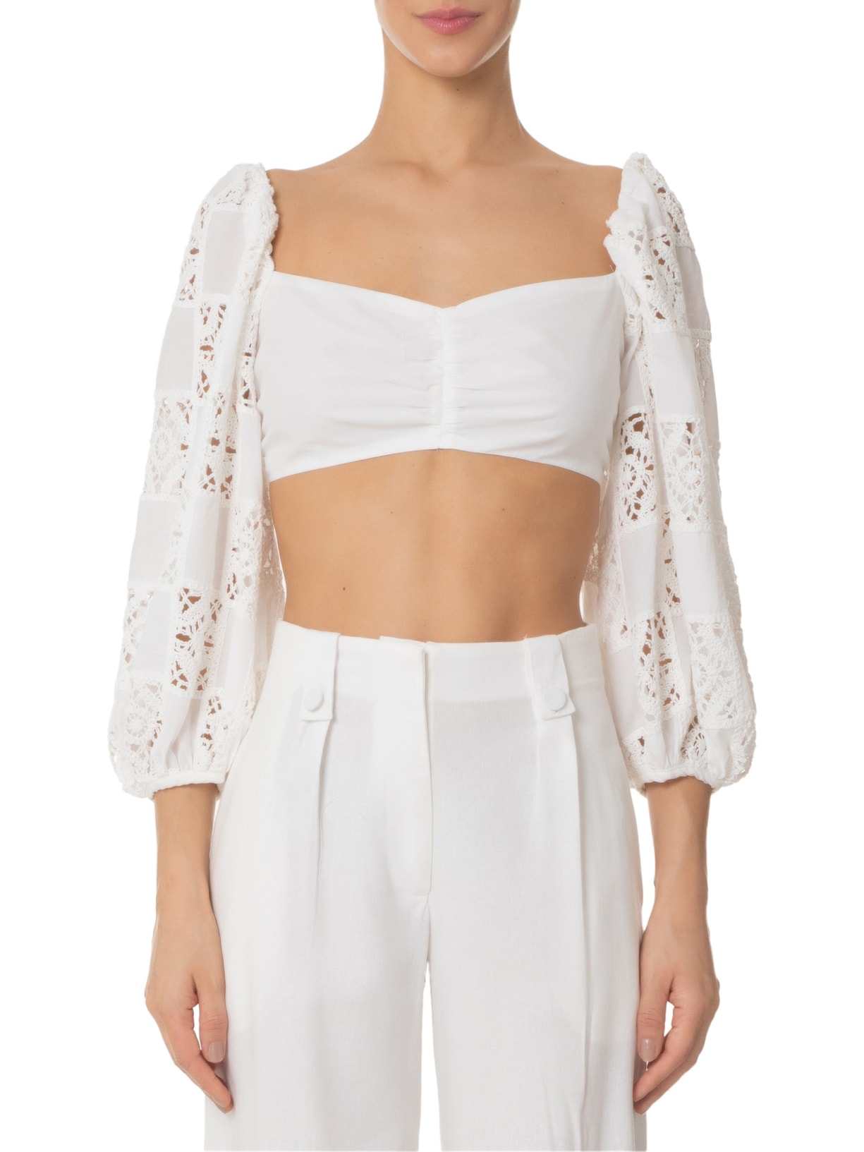 Blusa Feminina Manga Patch Crochet Branco Dress To