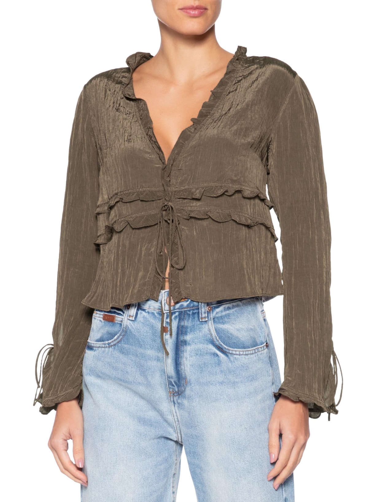Blusa Feminina Mangas Amarração Marrom Farm