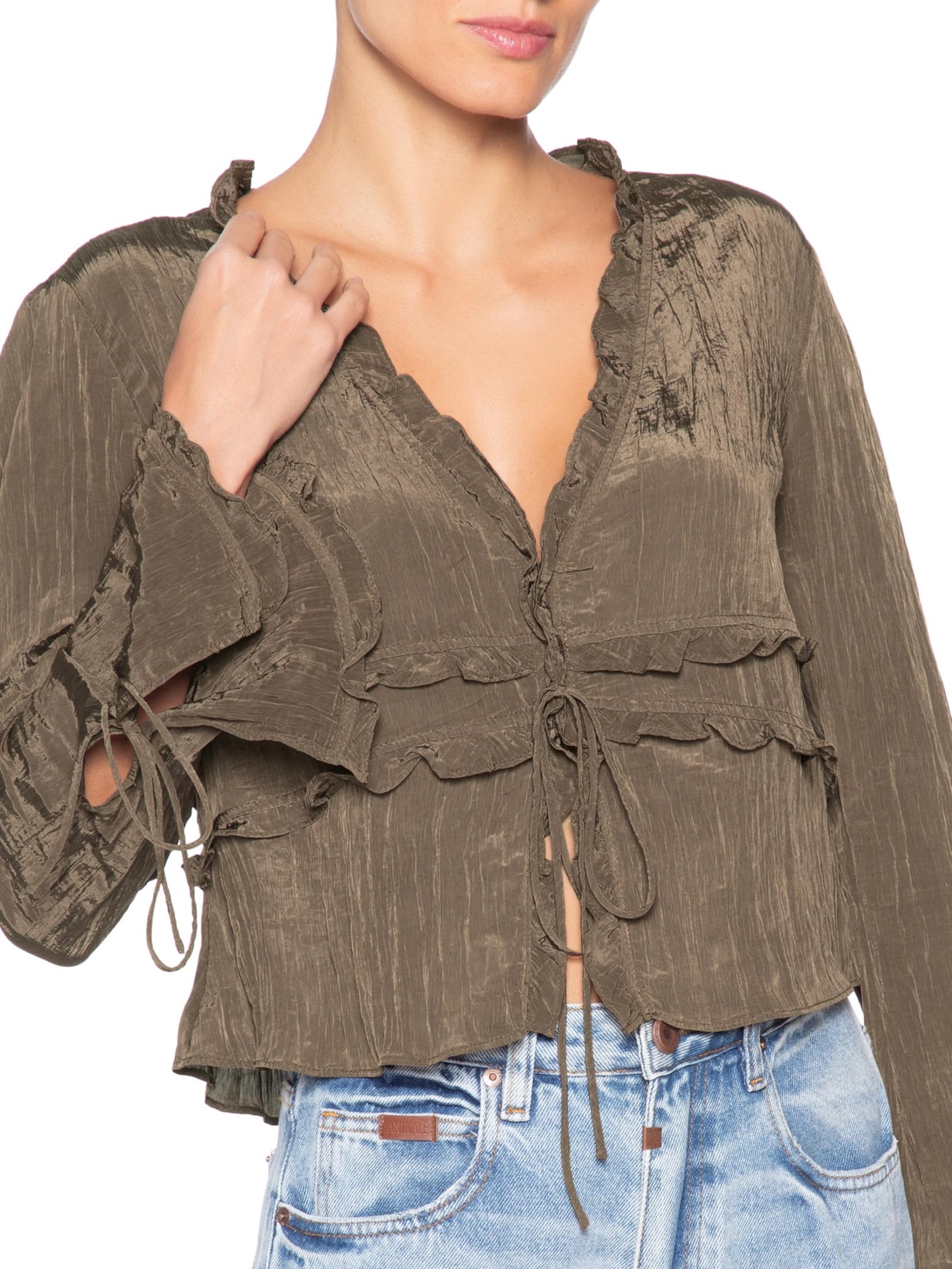 Blusa Feminina Mangas Amarração Marrom Farm