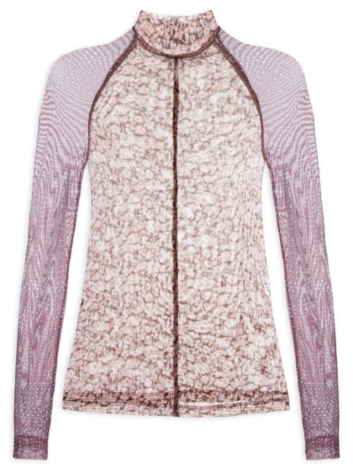 Blusa Feminina Mix Tule Pied De Poule - Marrom