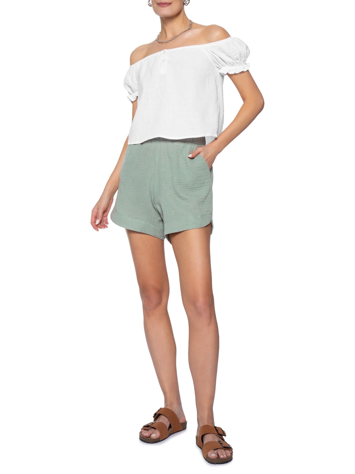 Blusa Feminina Ombro A Ombro Com Botões Branco Basiq