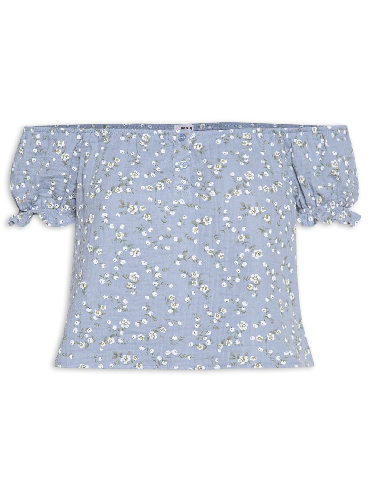 Blusa Feminina Ombro A Ombro Com Botões Floral Azul Basiq