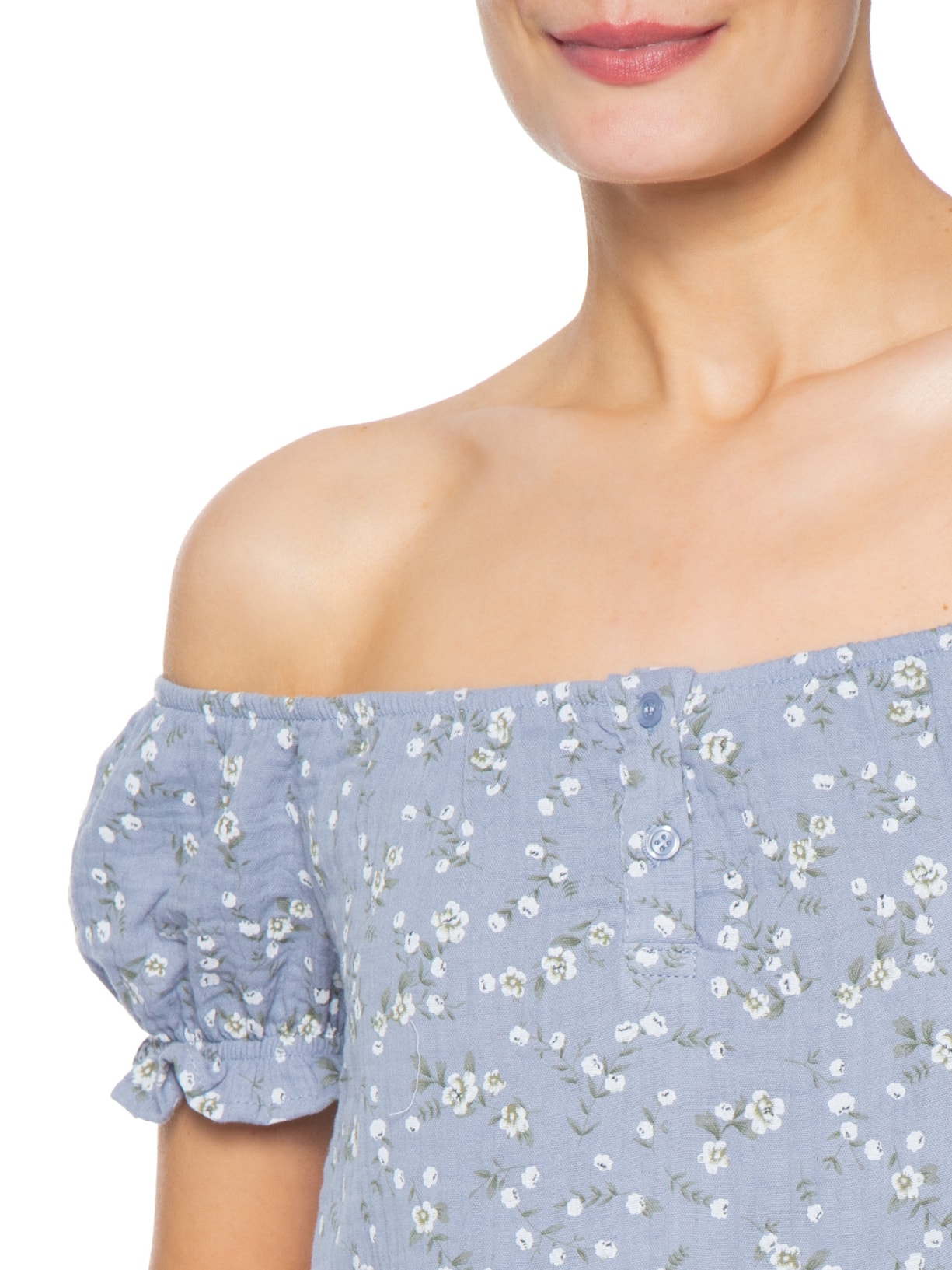 Blusa Feminina Ombro A Ombro Com Botões Floral Azul Basiq