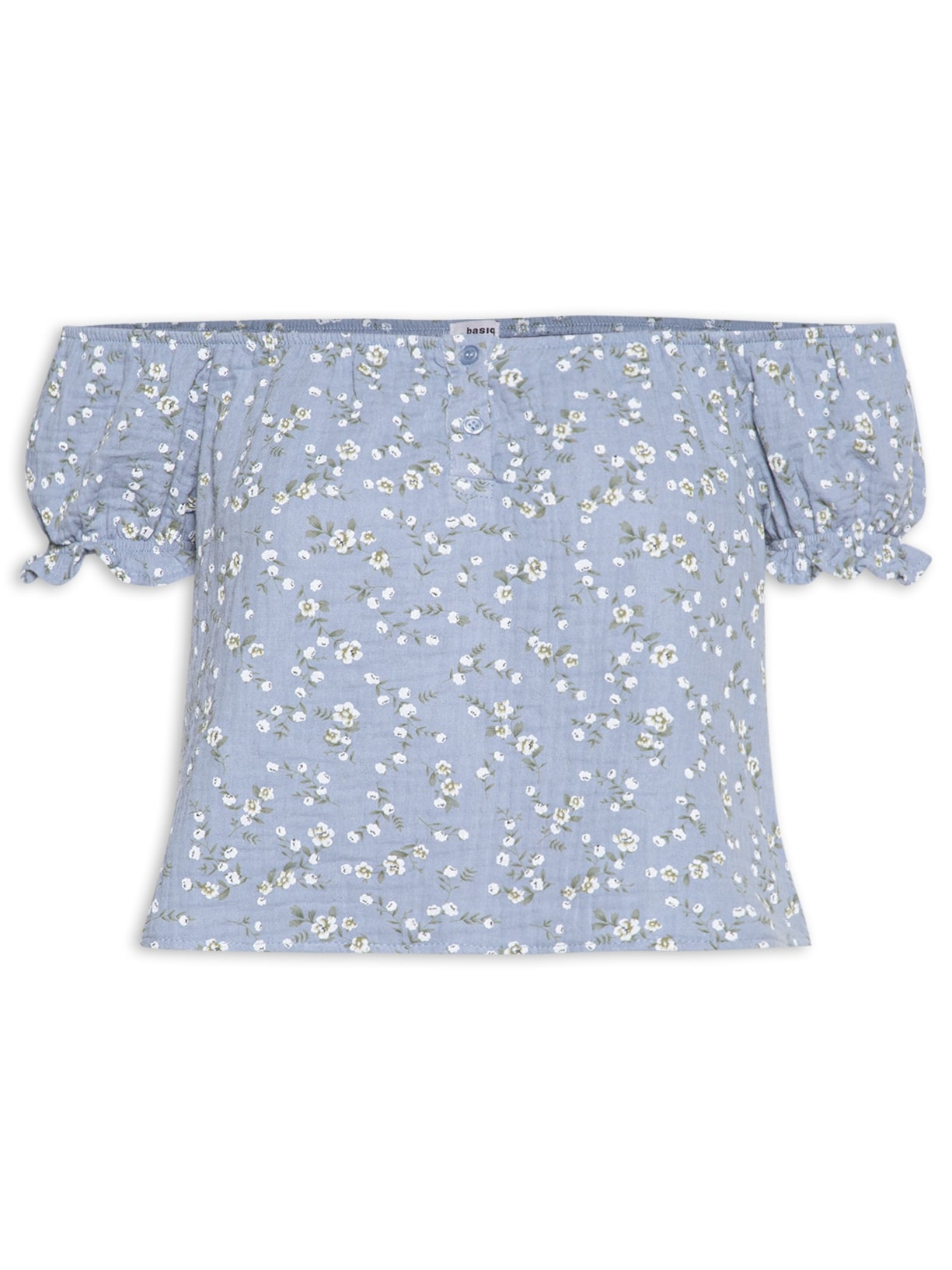 Blusa Feminina Ombro A Ombro Com Botões Floral Azul Basiq