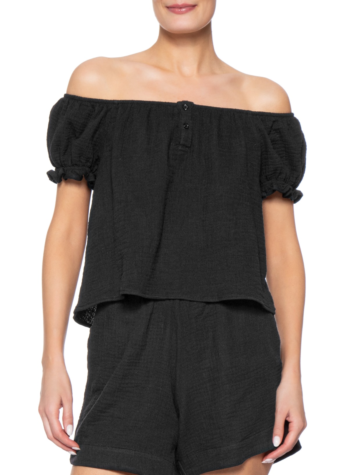 Blusa Feminina Ombro A Ombro Com Botões Preto Basiq