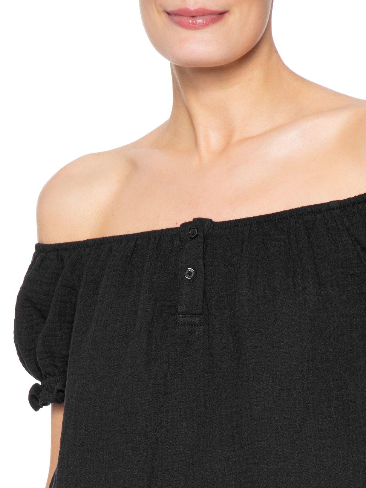 Blusa Feminina Ombro A Ombro Com Botões Preto Basiq