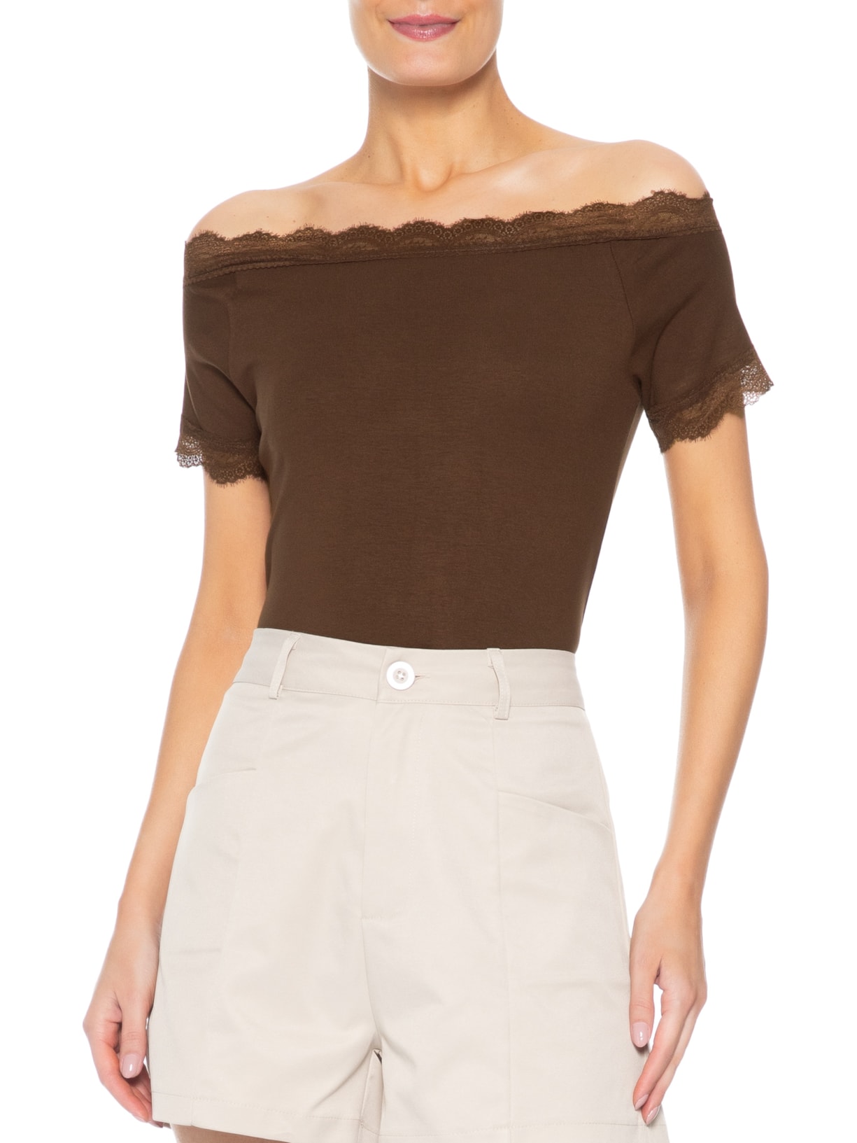 Blusa Feminina Ombro A Ombro Com Renda Marrom Basiq