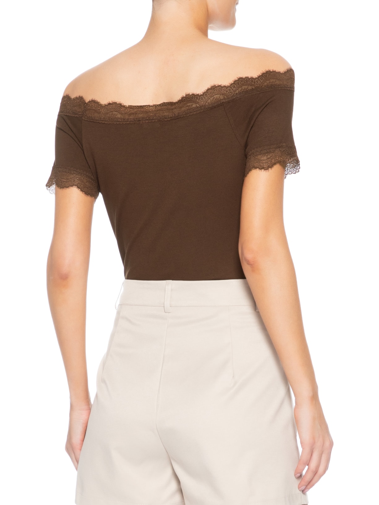 Blusa Feminina Ombro A Ombro Com Renda Marrom Basiq