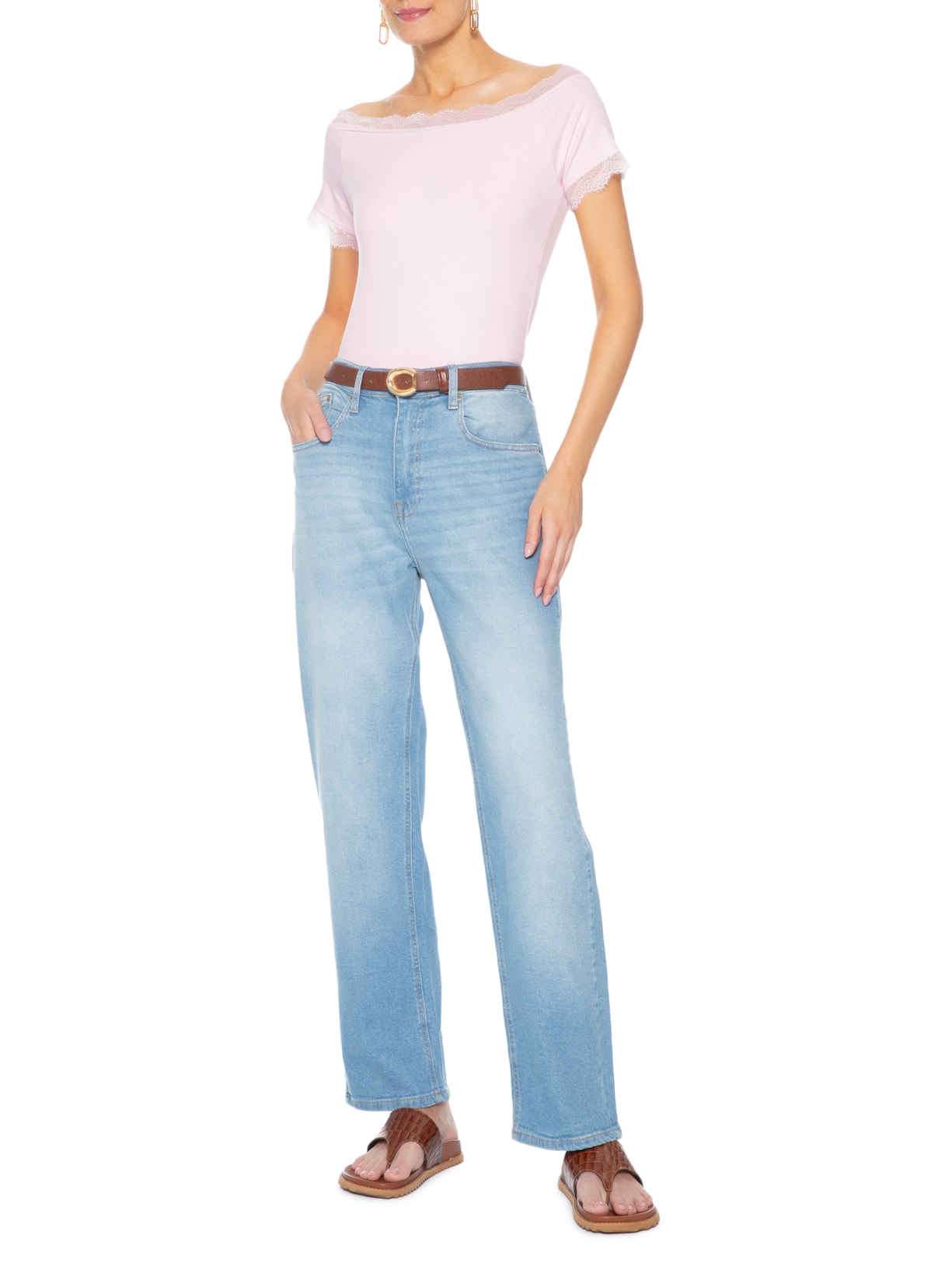 Blusa Feminina Ombro A Ombro Com Renda Rosa Basiq