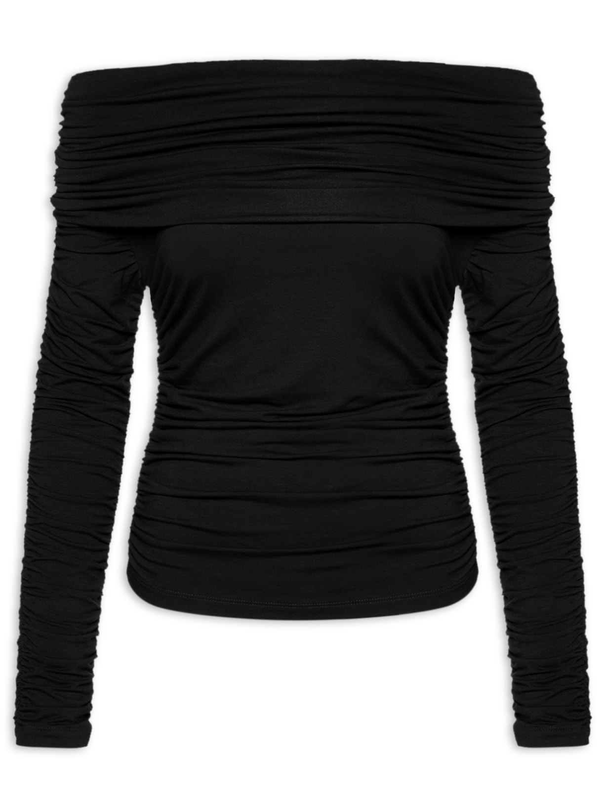 Blusa Feminina Ombro A Ombro Em Malha Com Franzidos - Preto