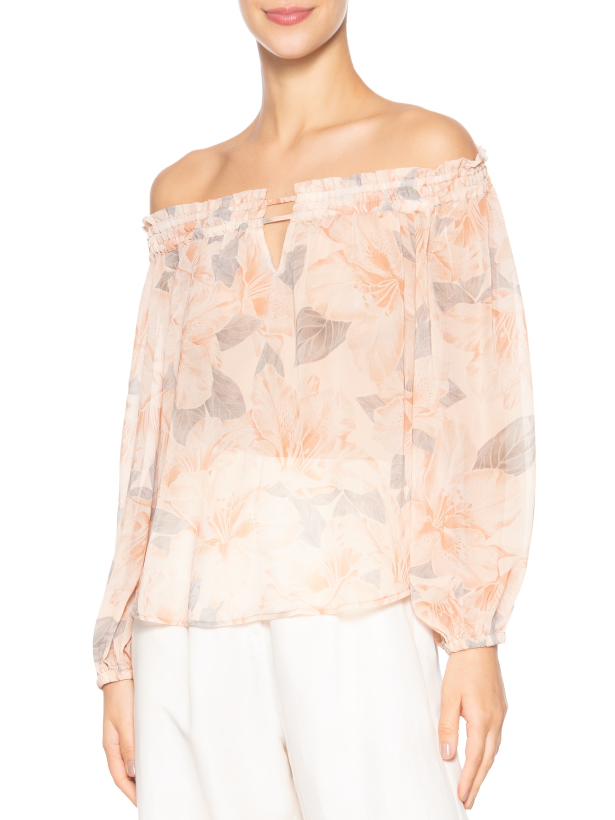 Blusa Feminina Ombro A Ombro Estampa Flora Bege Maria Filó