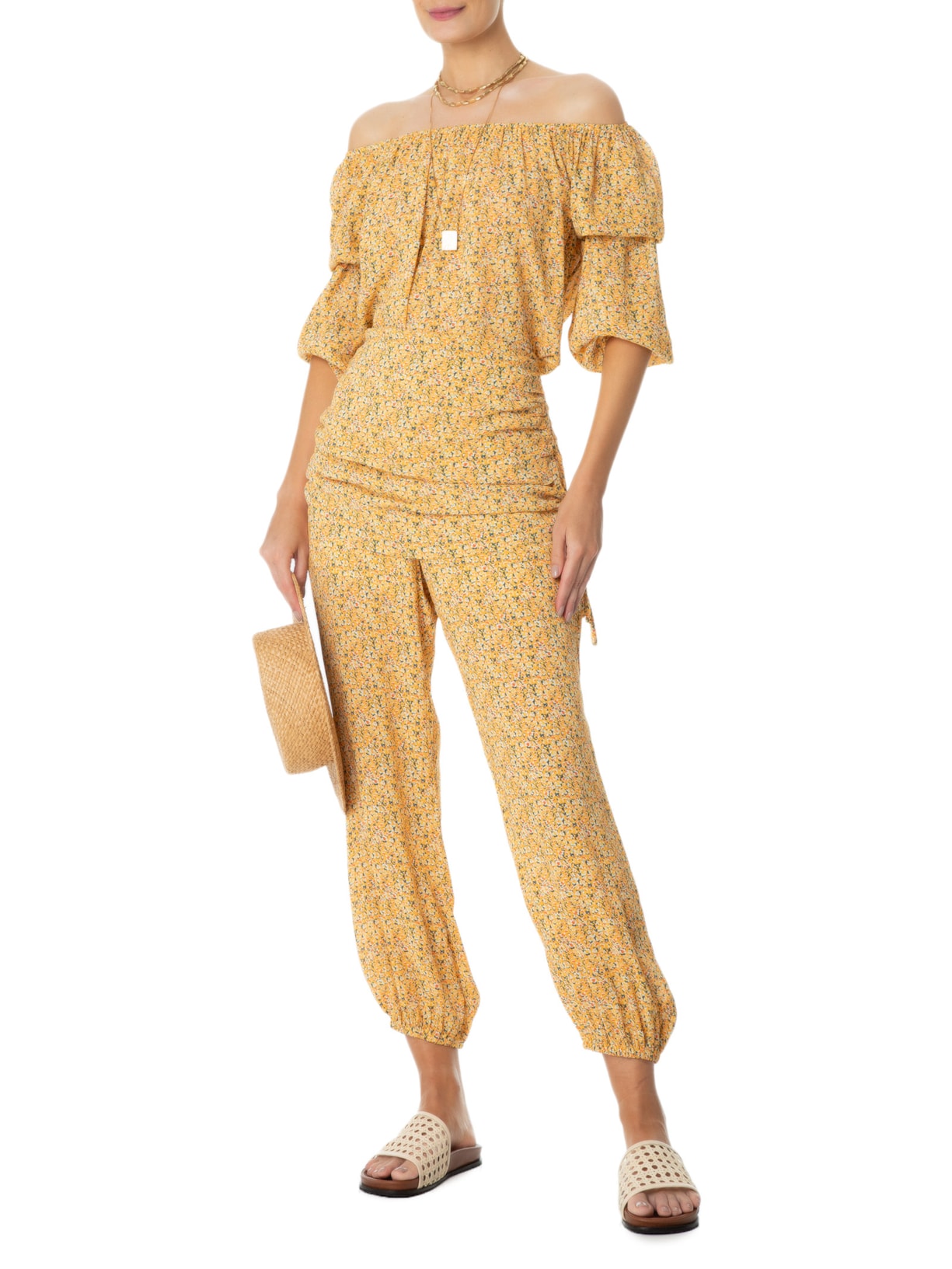 Blusa Feminina Ombro A Ombro Estampa Passeio Amarelo Maria Filó