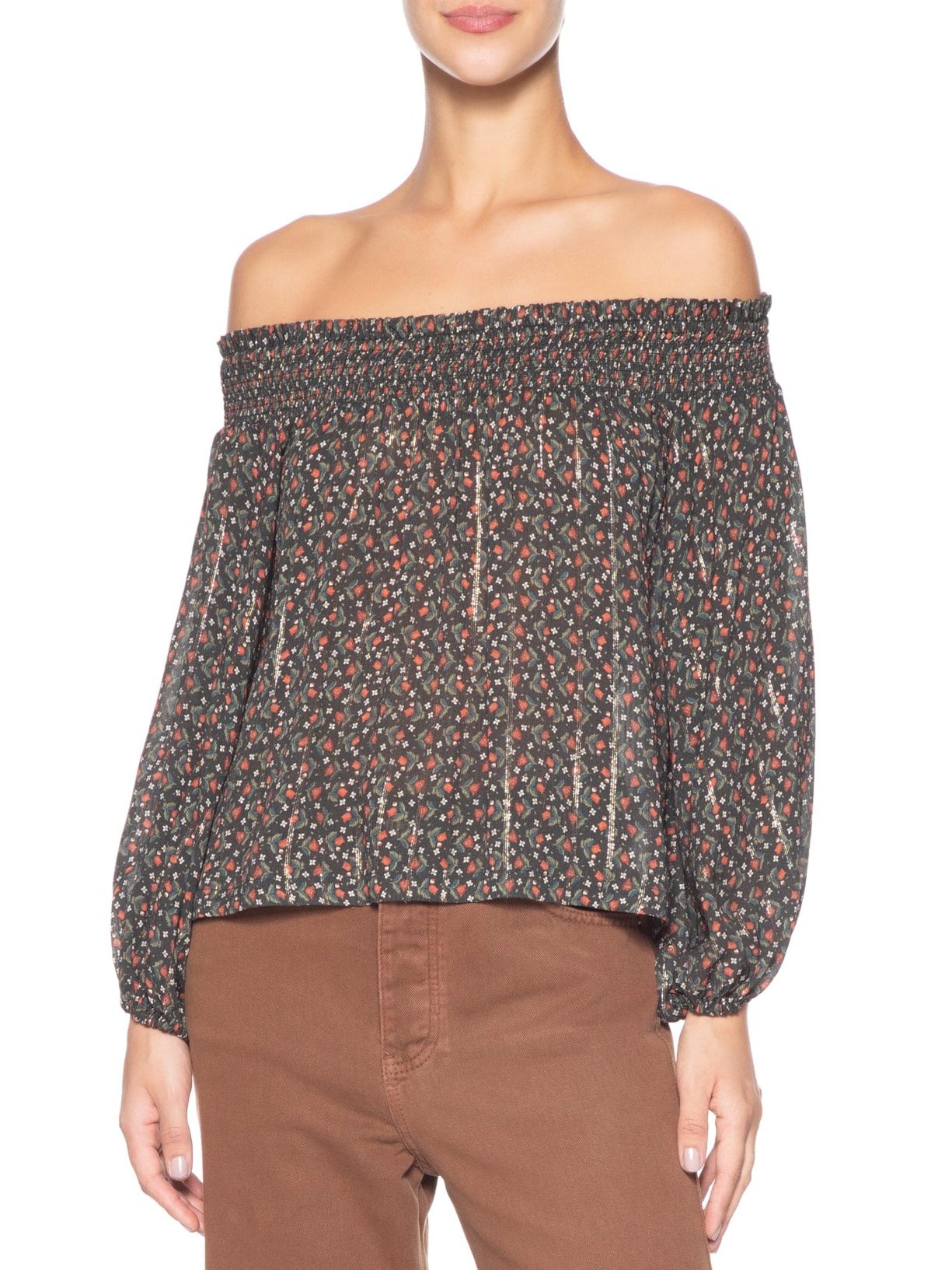 Blusa Feminina Ombro A Ombro Estampa Serena Preto Maria Filó