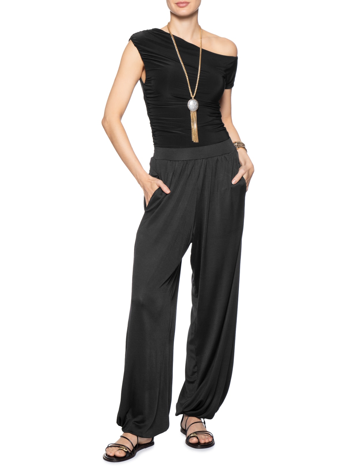 Blusa Feminina Ombro Caído Jersey Preto Animale