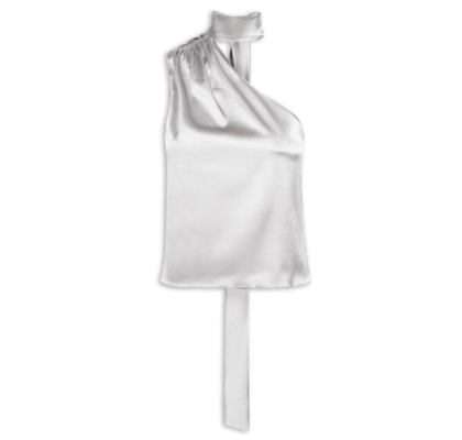 Blusa Feminina Ombro Só Em Seda Pura Com Faixa - Cinza
