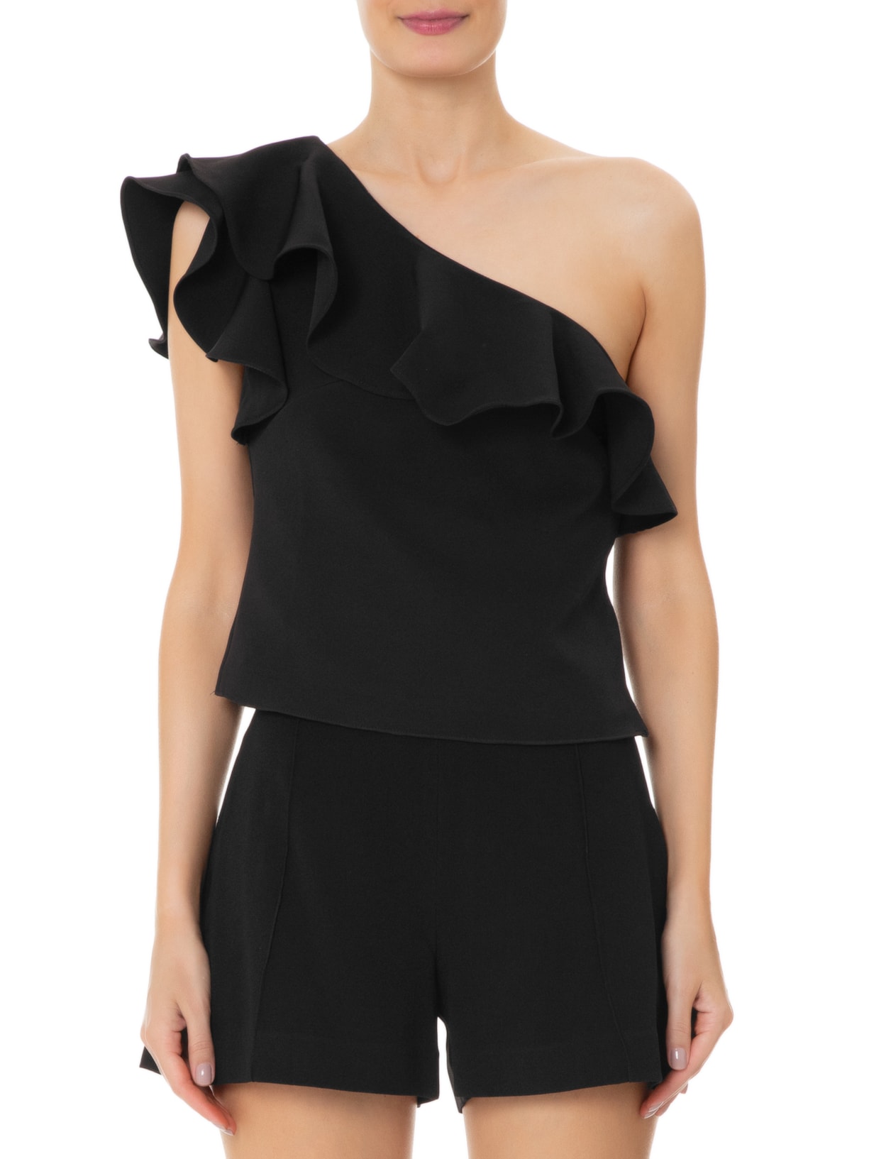 Blusa Feminina Ombro único Babados Preto '2Essential