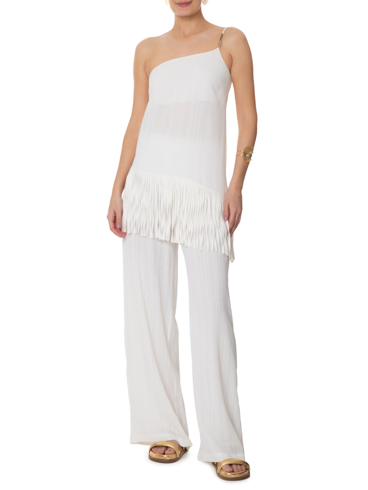 Blusa Feminina Ombro Único Com Franjas Off White '2Essential