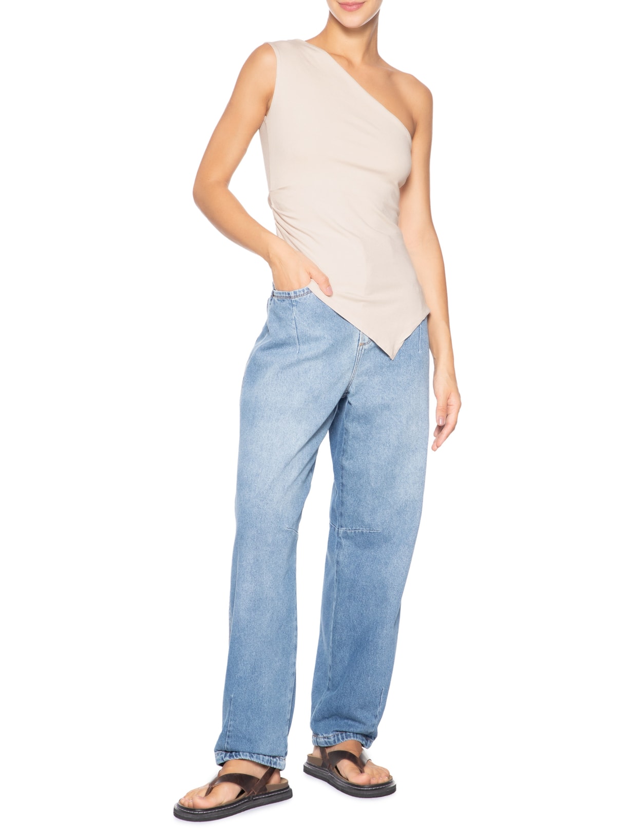 Blusa Feminina Ombro Único Drapeada Off White Basiq