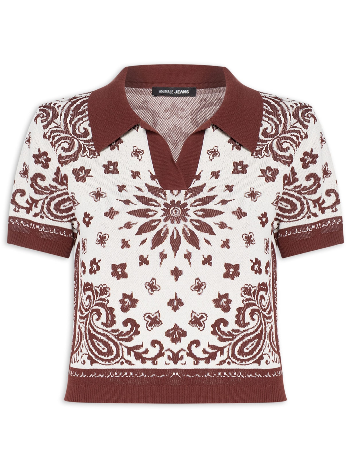 Blusa Feminina Polo De Tricot Bandana Marrom Animale Jeans