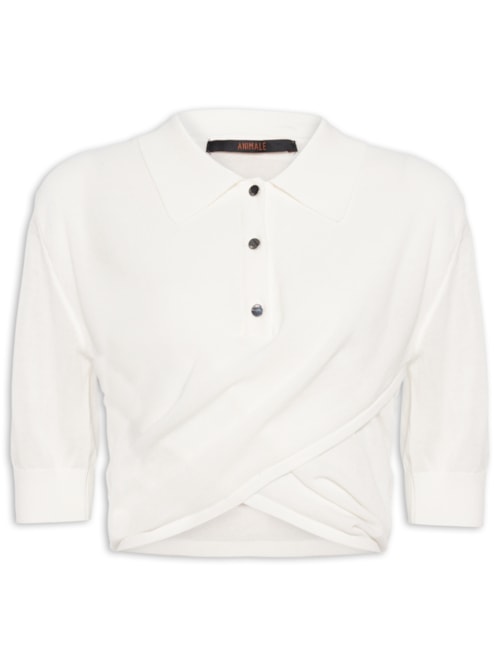Blusa Feminina Polo De Tricot Transpassada Cropped - Branco
