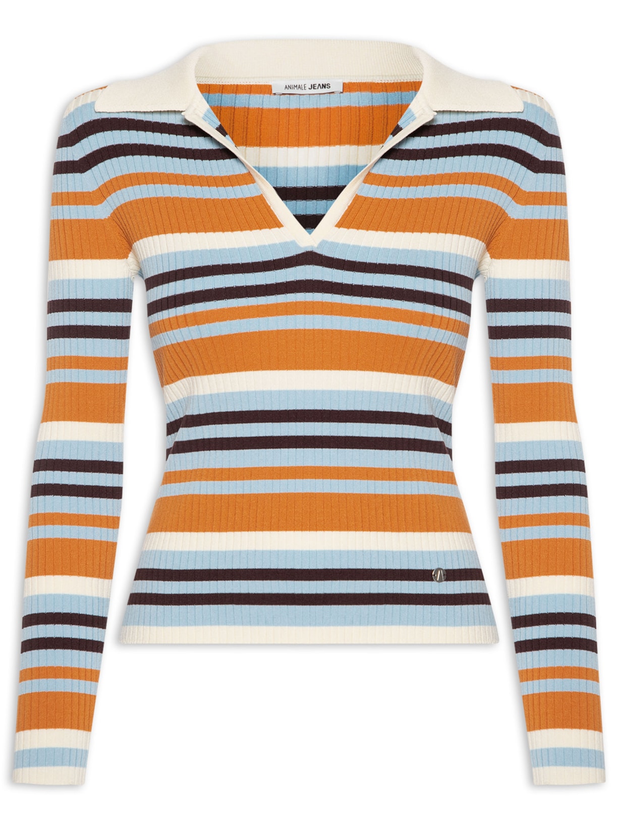 Blusa Feminina Polo Listrada De Tricot Com Decote - Laranja