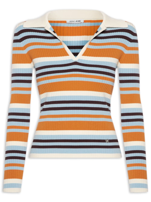 Blusa Feminina Polo Listrada De Tricot Com Decote - Laranja