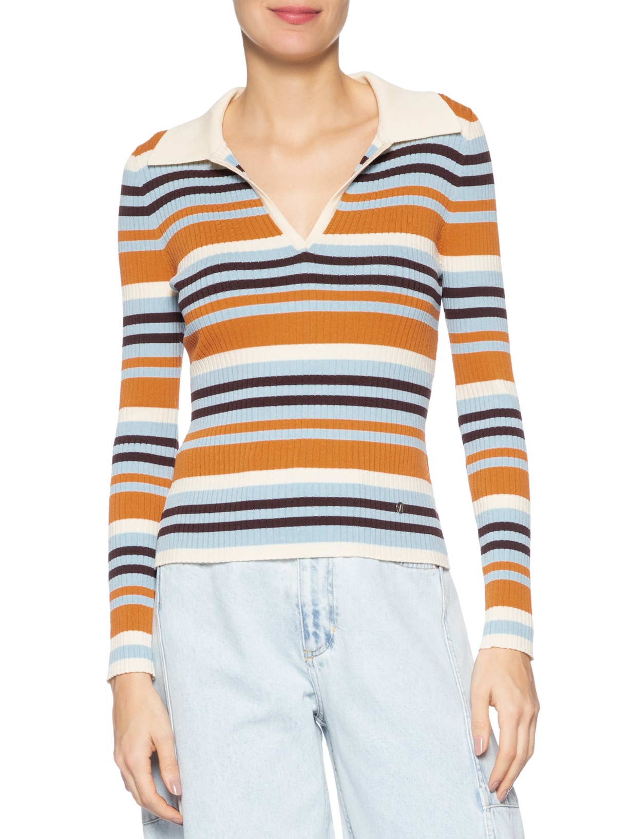 Blusa Feminina Polo Listrada De Tricot Com Decote Laranja Animale Jeans