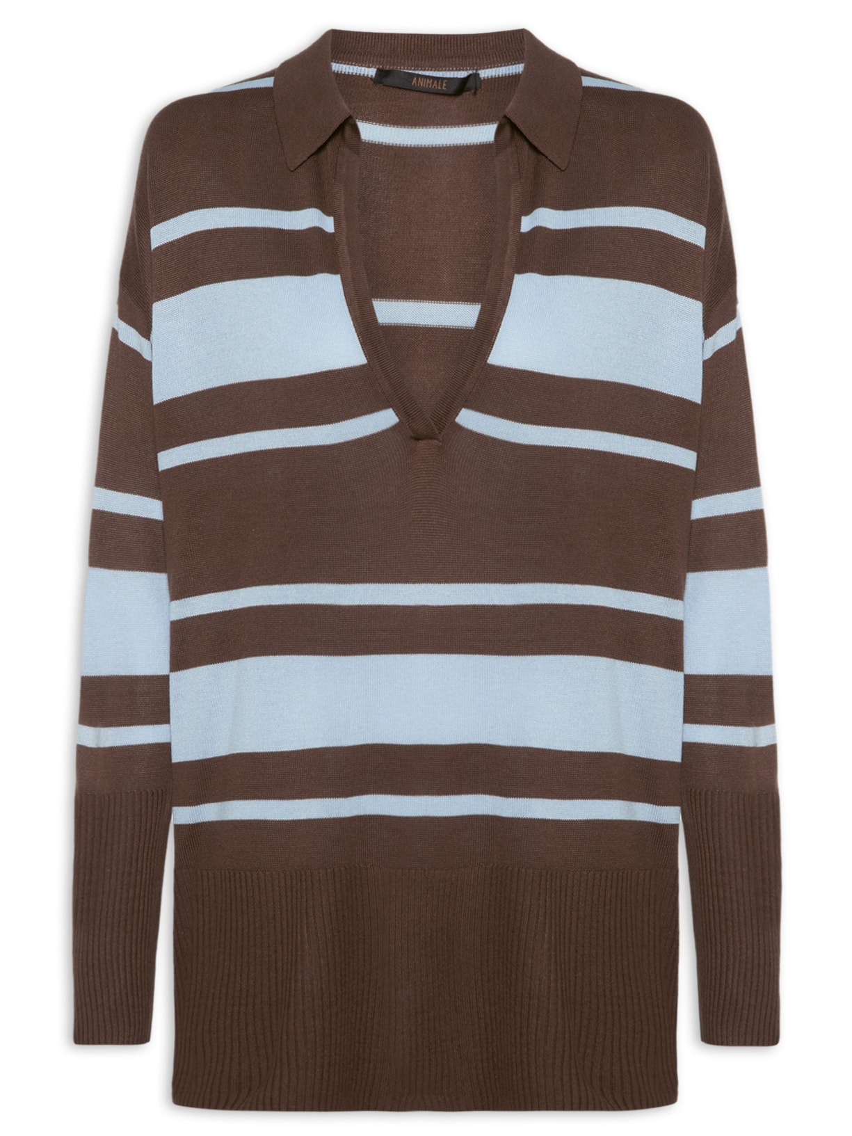 Blusa Feminina Polo Listras Tricot - Marrom