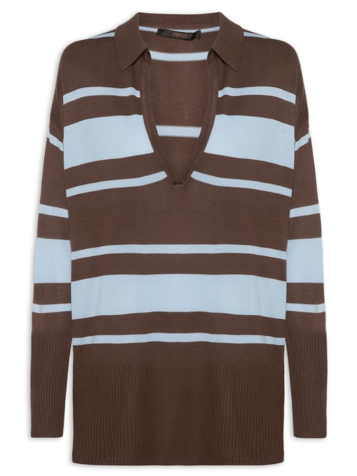 Blusa Feminina Polo Listras Tricot - Marrom