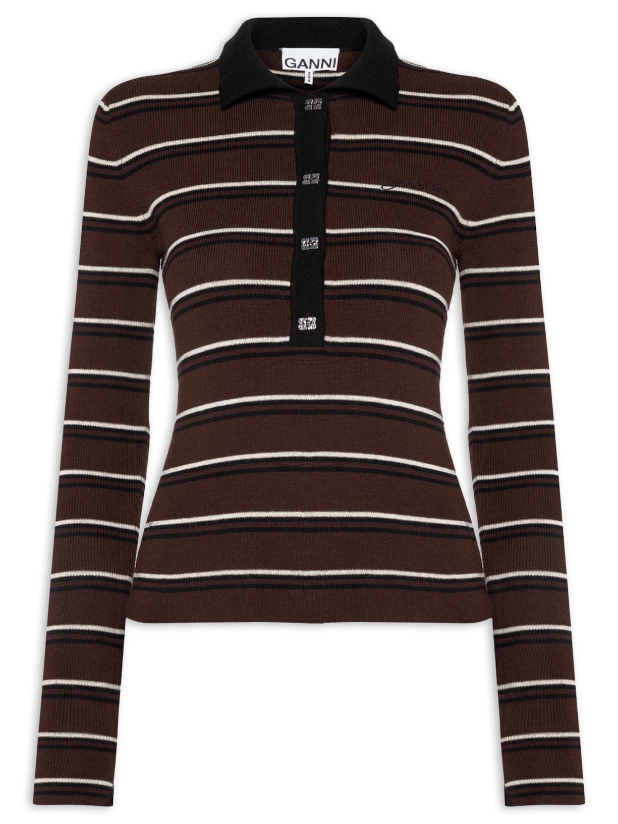 Blusa Feminina Polo Mini Ribbed Merino Marrom Ganni