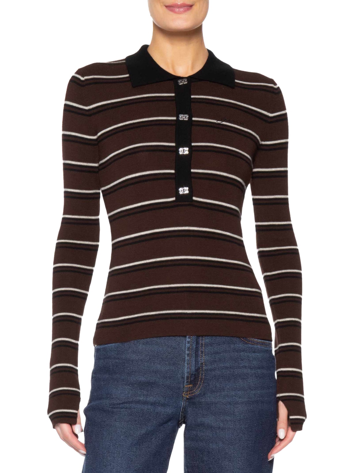 Blusa Feminina Polo Mini Ribbed Merino Marrom Ganni