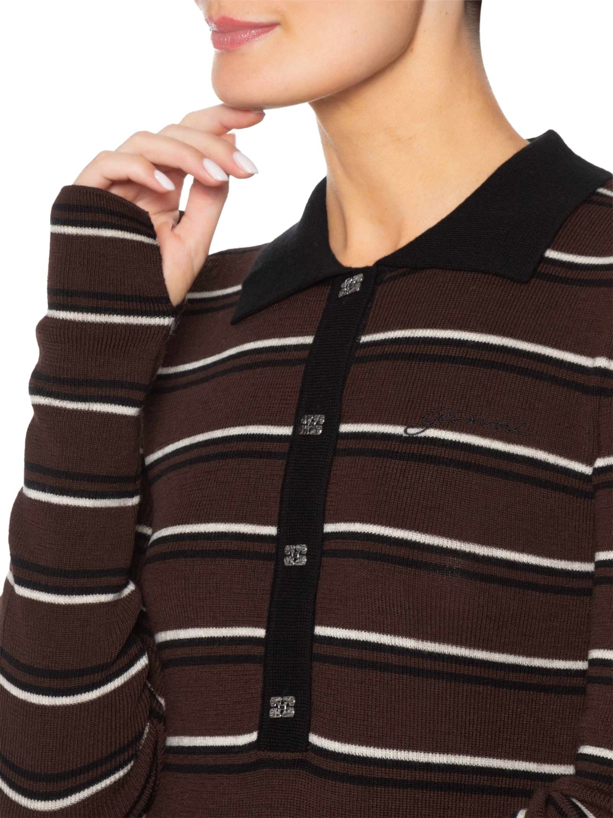 Blusa Feminina Polo Mini Ribbed Merino Marrom Ganni