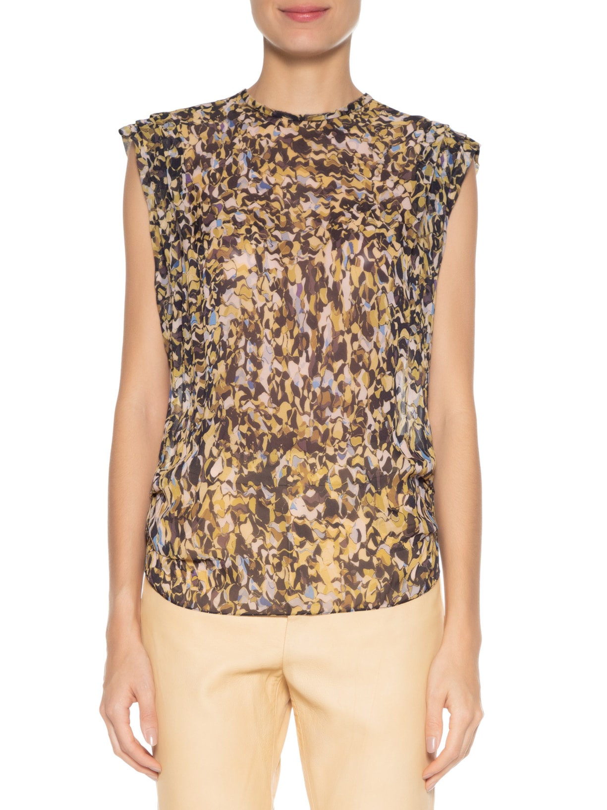 Blusa Feminina Pregas Ombro Abstrato Contemporane Verde Animale