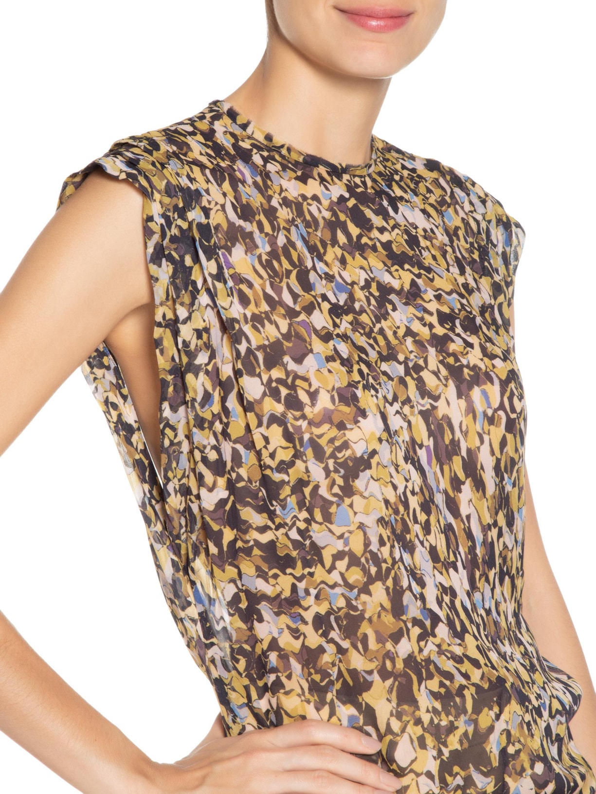 Blusa Feminina Pregas Ombro Abstrato Contemporane Verde Animale