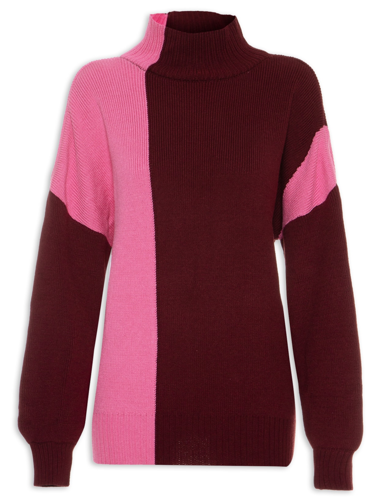 Blusa Feminina Pull Bicolor Gola Alta Tricot Rr Rosa Animale