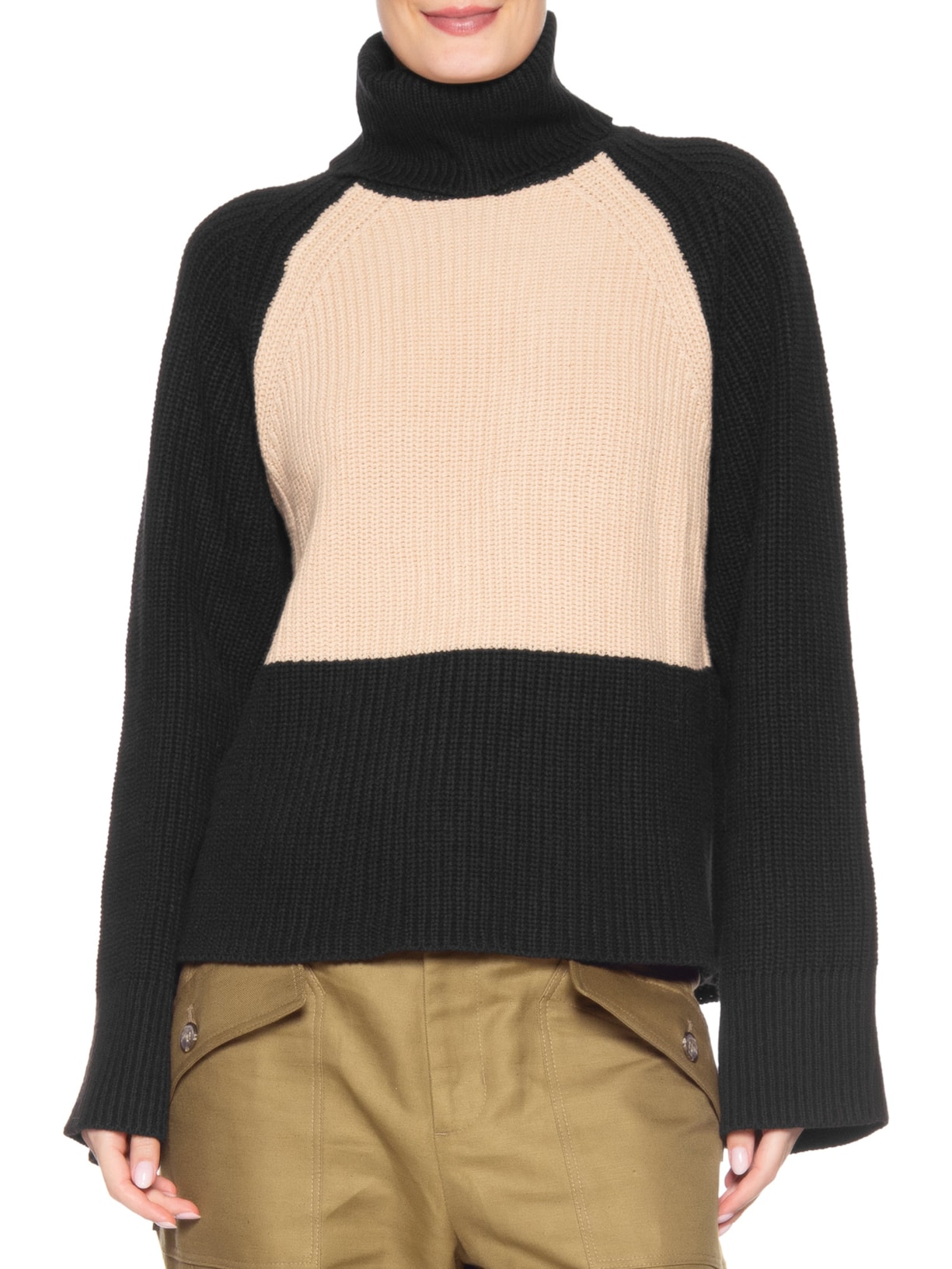 Blusa Feminina Pull De Tricot Gola Alta Bicolor Preto Animale