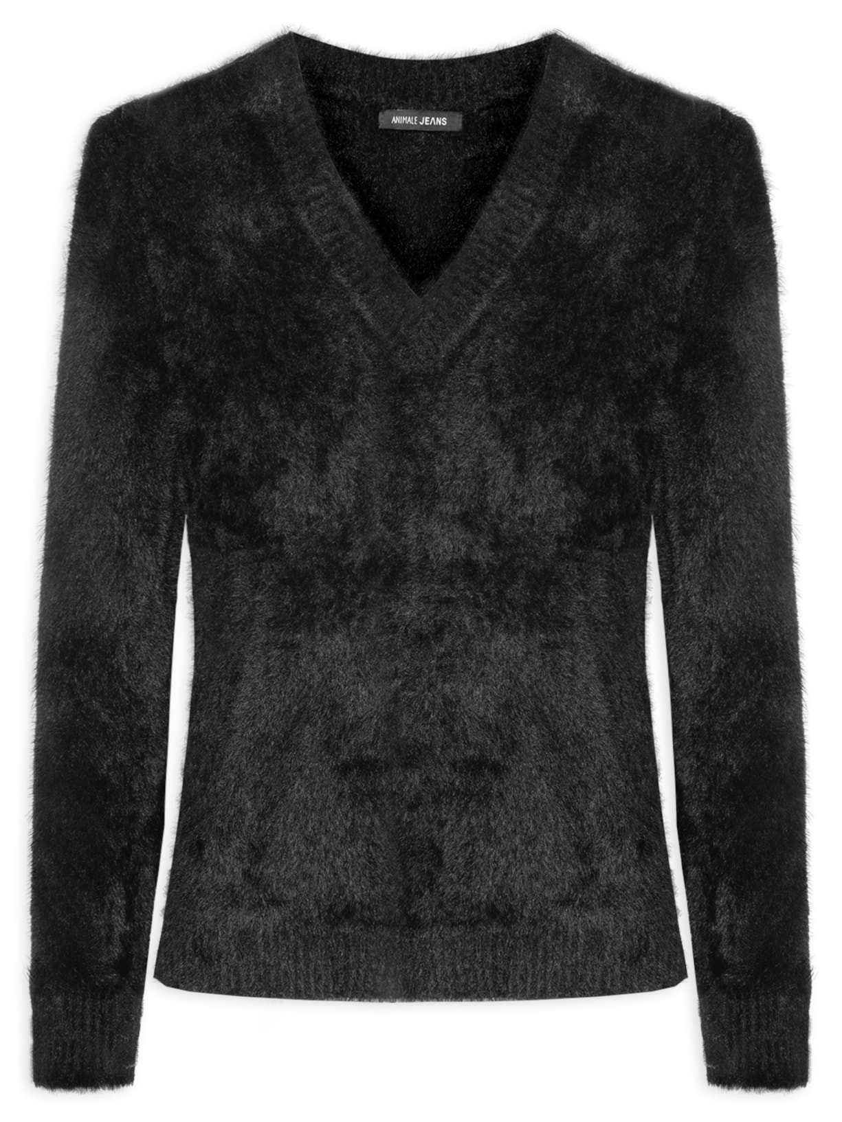 Blusa Feminina Pull Tricot Over Pelinho Decote V - Preto