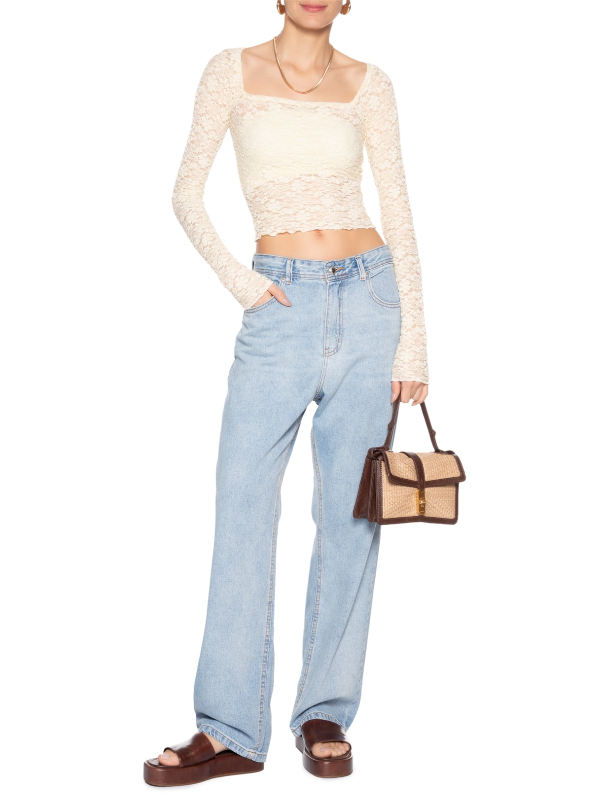 Blusa Feminina Rendada Decote Reto Artesanal Off White Farm