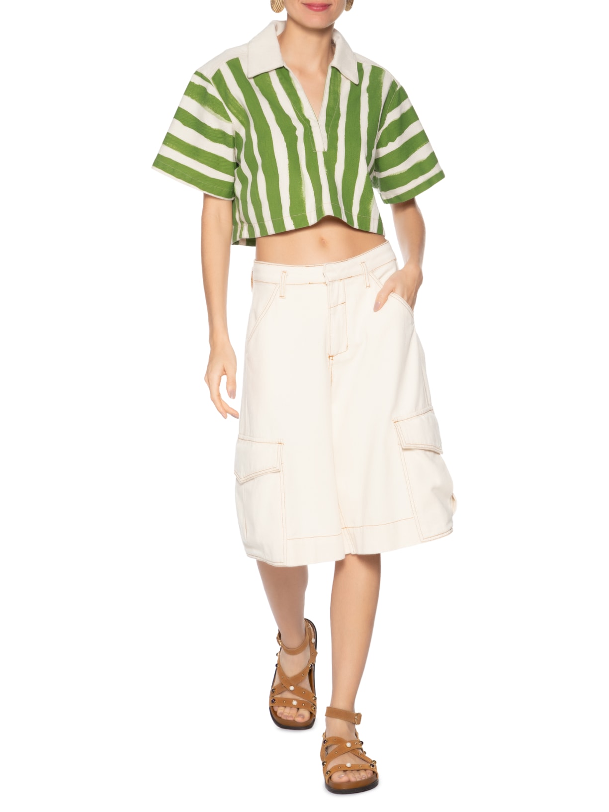 Blusa Feminina Sarja Estampa Listras Verde Animale Jeans