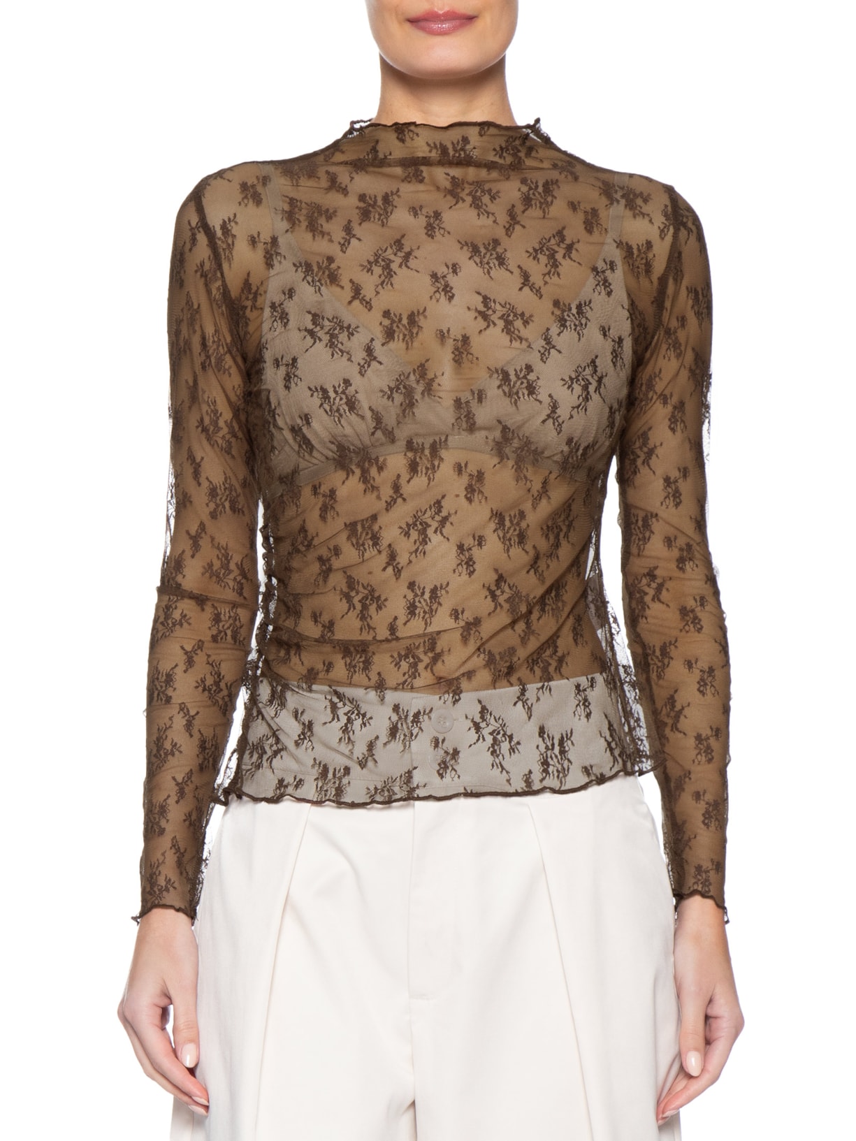 Blusa Feminina Segunda Pele Em Renda Marrom Market 33