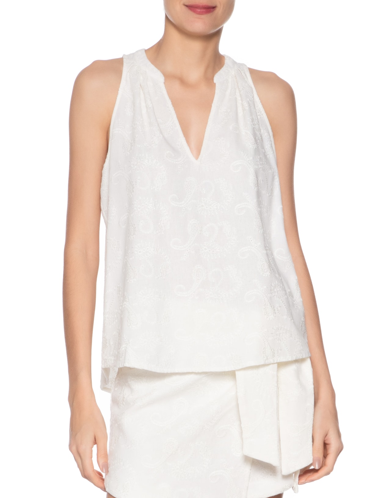 Blusa Feminina Sem Manga Bordado Paisley Branco Maria Filó