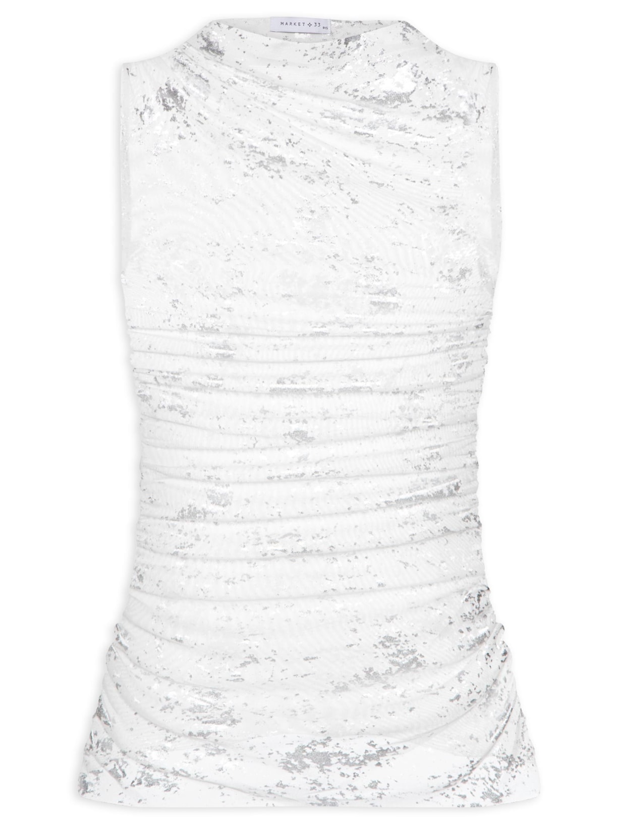 Blusa Feminina Sem Manga Com Drapeados E Detalhes Em Foil - Branco