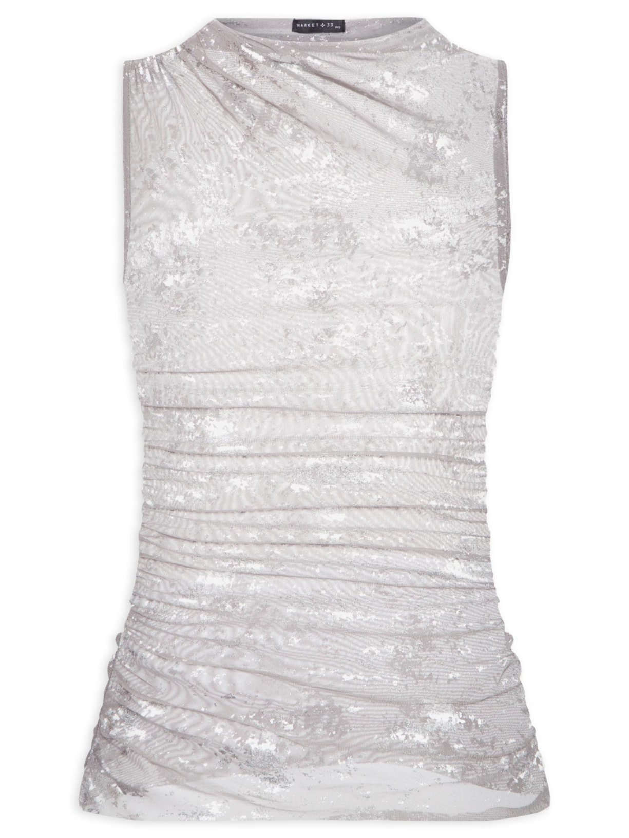 Blusa Feminina Sem Manga Com Drapeados E Detalhes Em Foil - Cinza